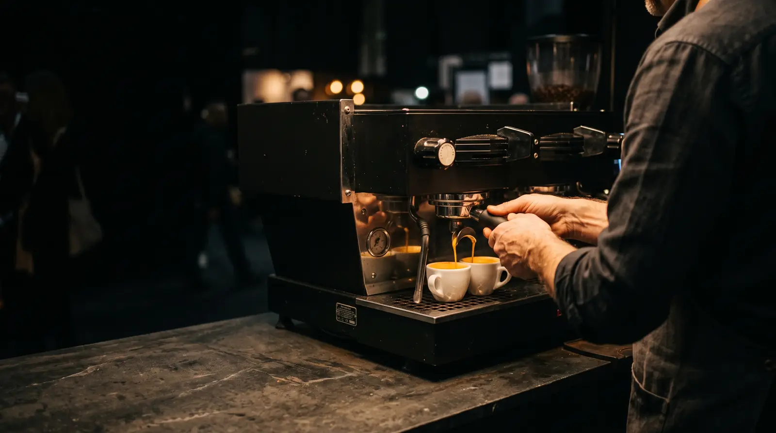 Barista zieht einen Espresso an der Siebträgermaschine