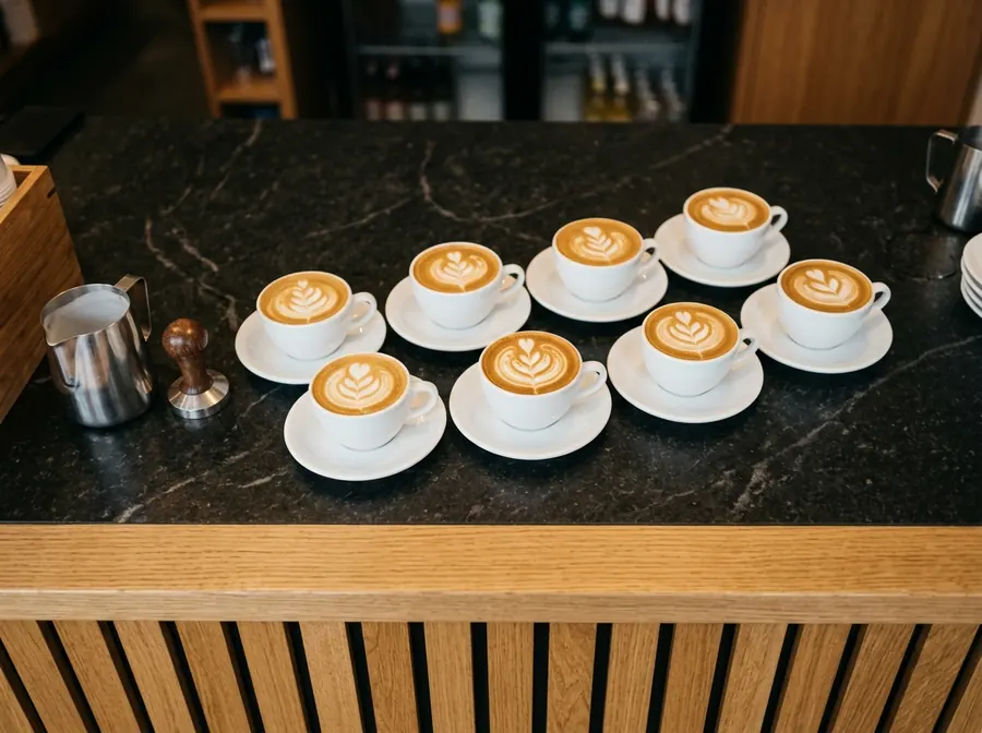 Acht Cappuccino-Tassen mit Latte Art auf der Standtheke
