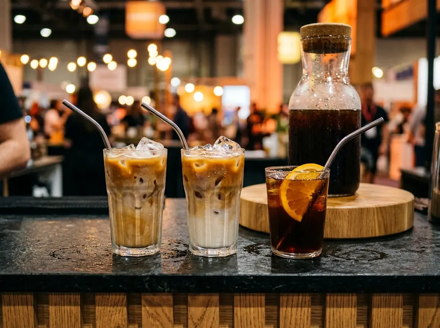 Iced Latte und Cold Brew im Glas auf der Standtheke