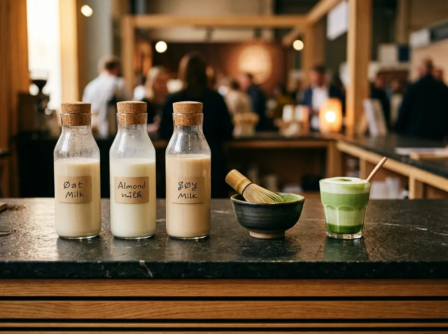 Hafer- und Mandelmilch sowie Matcha neben der Siebträgermaschine