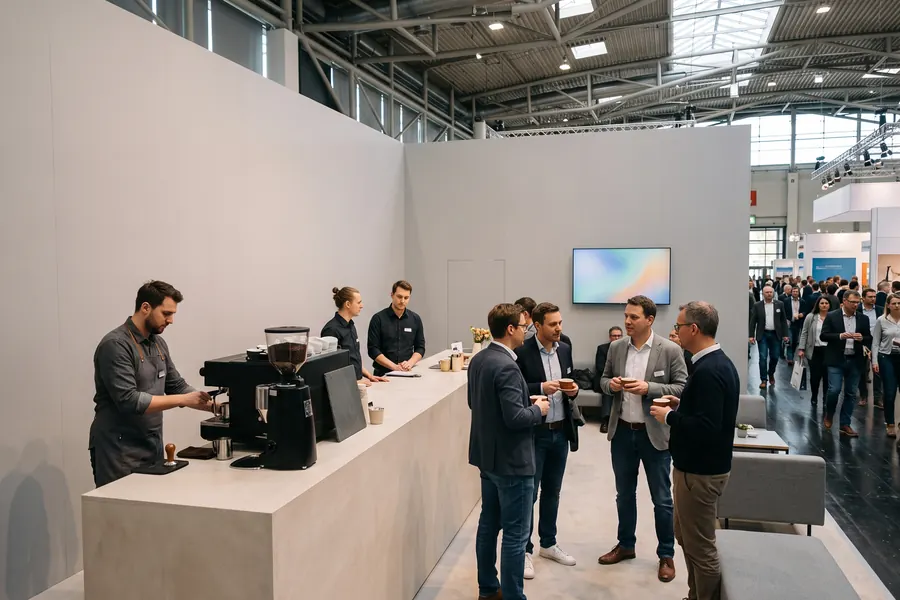 Messestand mit Kaffee-Ecke auf der Standtheke, Besucher im Gespräch
