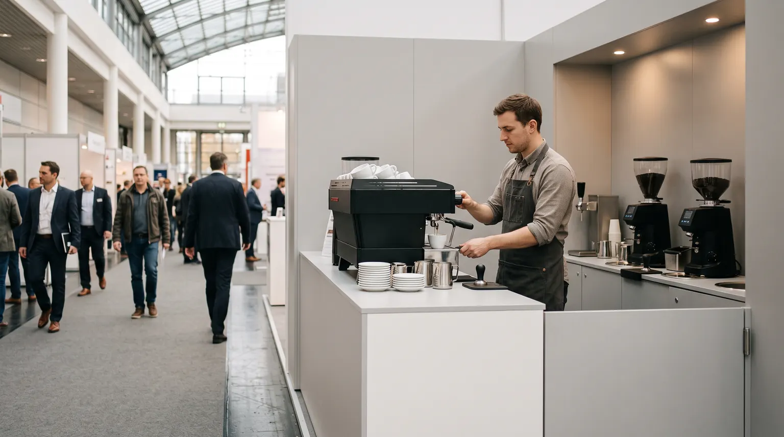 Barista der Barista Helden am Siebträger auf der Theke eines Messestands
