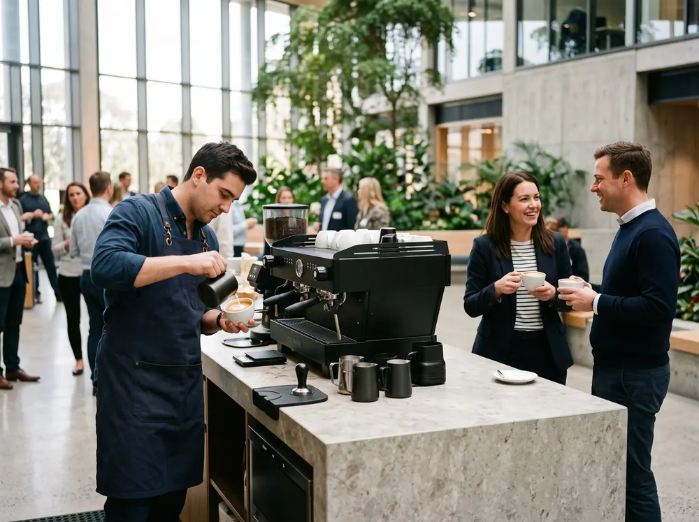 Kaffee-Ausschank auf dem vorhandenen Tresen bei einem Firmenevent im Atrium