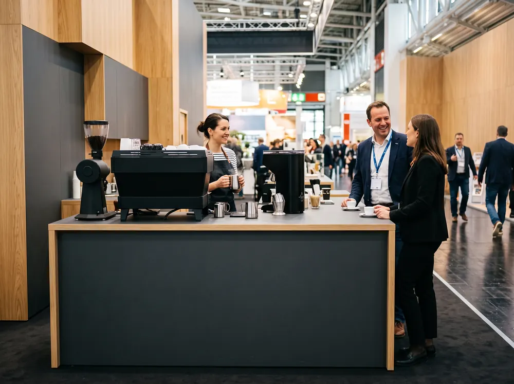 Siebträgermaschine und Mühlen auf der Theke eines Messestands, Barista im Gespräch mit Besuchern
